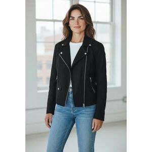 H&M Black Moto Jacket Accents Asymmetrical Zip Womens Size L